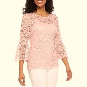 Liz Claiborne Boho Pink Crochet Lace Bell Sleeve Blouse Size S/M NWT
